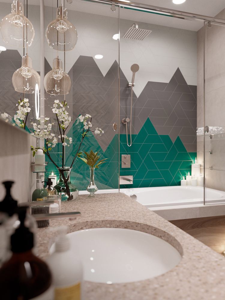Badezimmer Badewanne Akzentwand Fliesen geometrische Formen