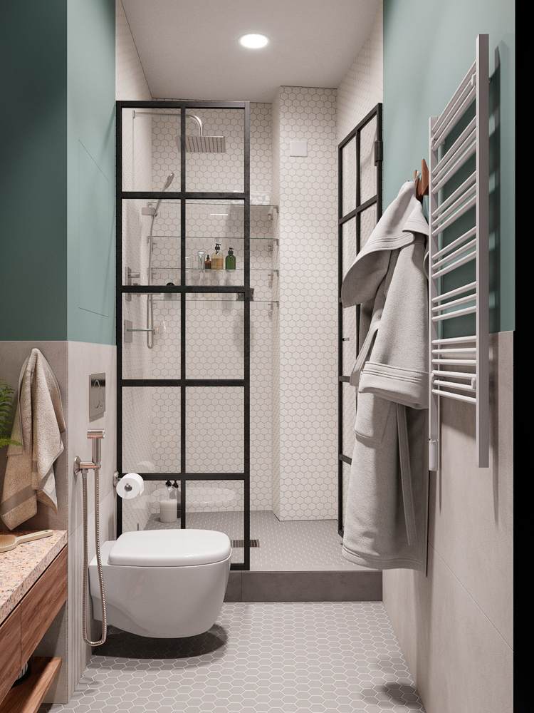Badezimmer Dusche Türen mit schwarzem Rahmen Fliesen Wabenmuster klein