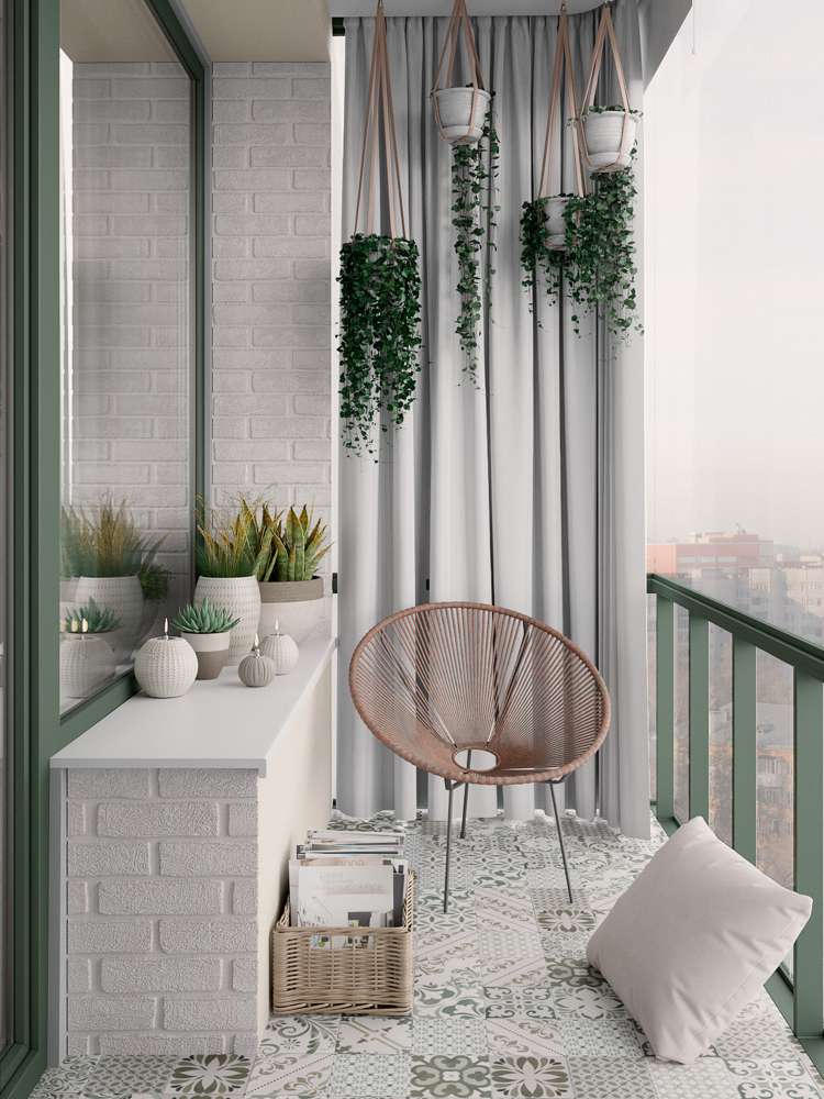 Balkon Fliesen mit Muster Grün Weiß Hellgrau