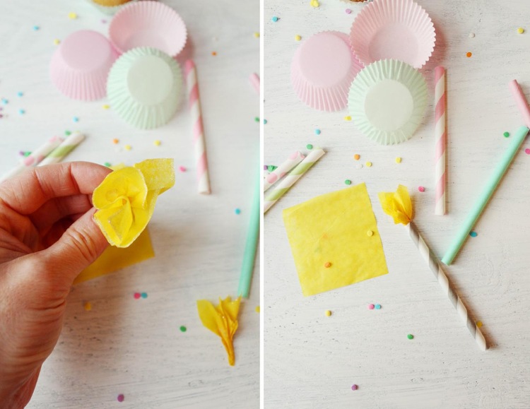 Cupcake Toppers zum Kindergeburtstag selber machen Strohhalme Seidenpapier
