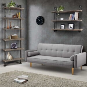 DIY industrial regal design style selber bauen sofa wohnraum dekoration rustikal holz eisen grau wände