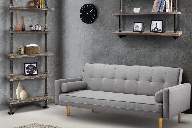 DIY industrial regal design style selber bauen sofa wohnraum dekoration rustikal holz eisen grau wände