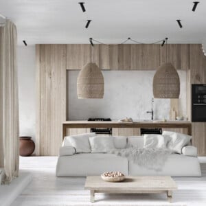 Ethno Stil Wohnen Wohnzimmer Küche Holzfronten weißes Sofa Bett mit Vorhang getrennt