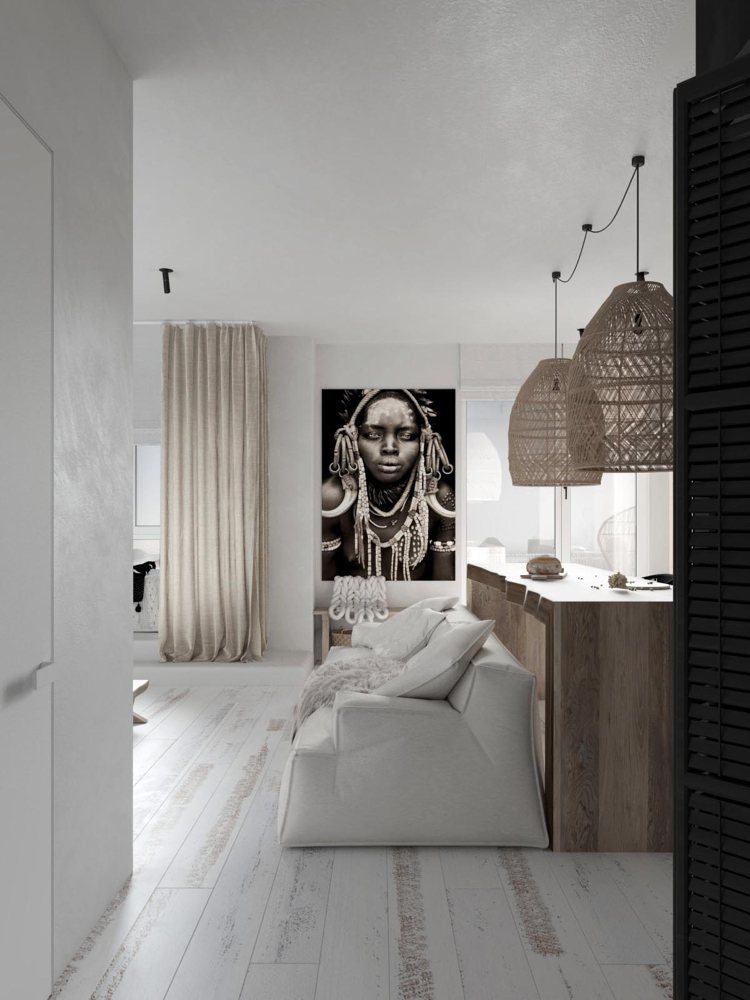 Ethno Stil wohnen weißes Sofa Gemälde Frau Afrika Style