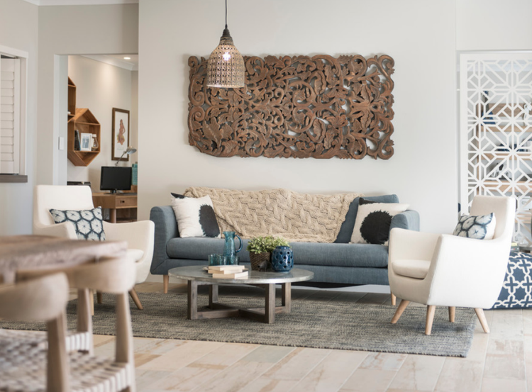Graublau Beige Creme Wohnzimmer Hamptons Style
