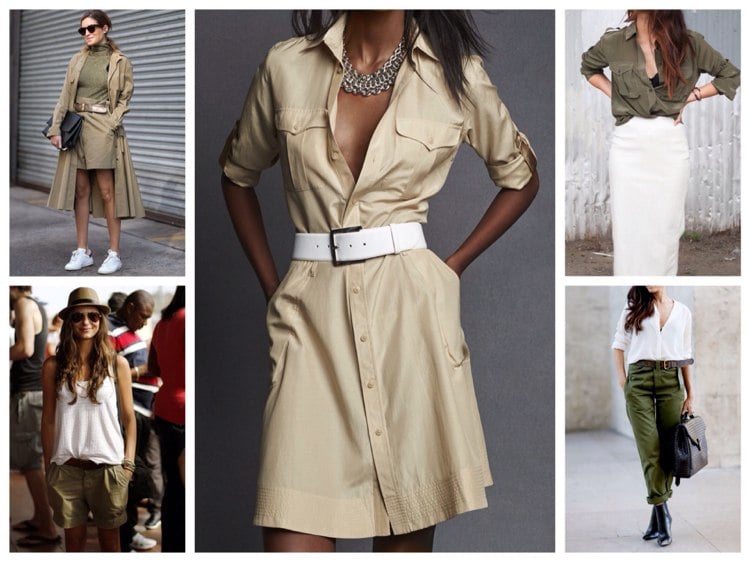 Khaki Grün Beige und Weiß Kleidung im Safari-Stil
