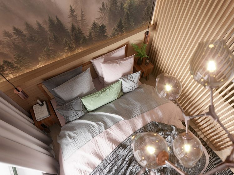 Schlafzimmer Bett helles Holz Fototapete nordischer Wald