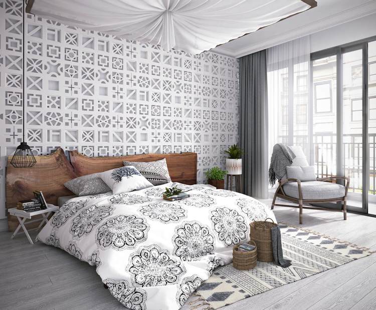 Schlafzimmer Ethno Stil Massivholz Bettkopfteil Ethno-Teppich Wandgestaltung geometrische Formen