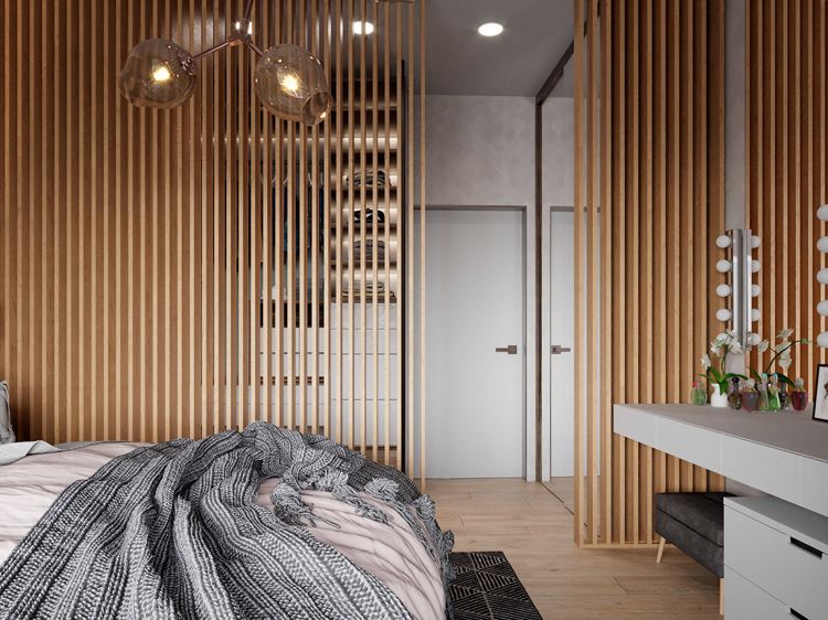 Schlafzimmer Raumteiler Holzlatten Kleiderschrank