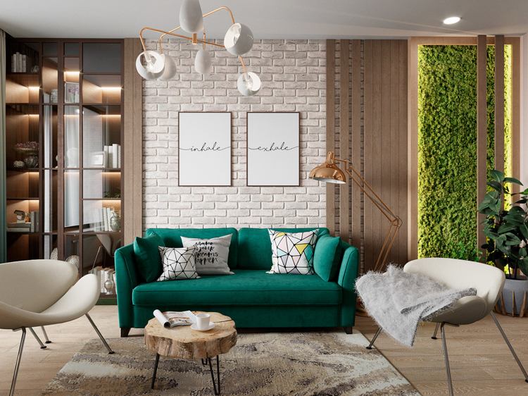 Wohnzimmer Ziegelwand Smaragdgrünes Sofa Mooswand Vitrine mit Beleuchtung
