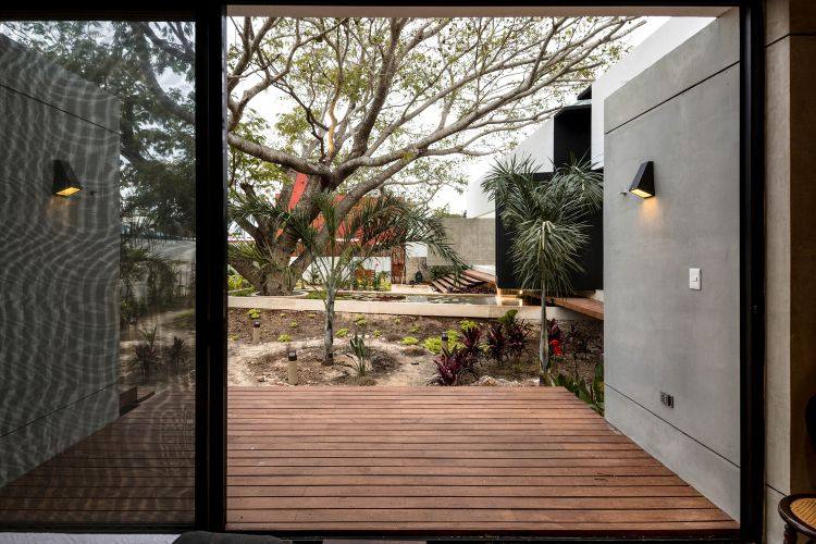 baum integrieren bauen mit bäumen moderne gestaltung terrasse garten außenbereich architektur traumhaus glasschiebetür innenraum holzdielen