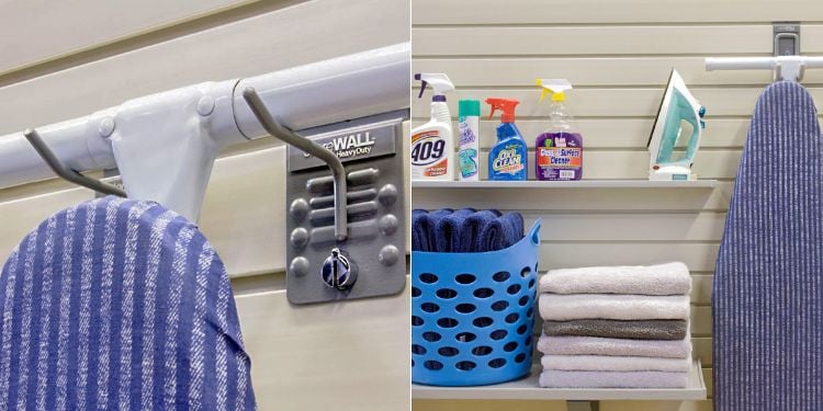bügelbrett aufhängen tipps befestigung wandhalterung bügelbretthalterung zuhause aufbewahren lösung halterung waschküche wäschekorb handtücher