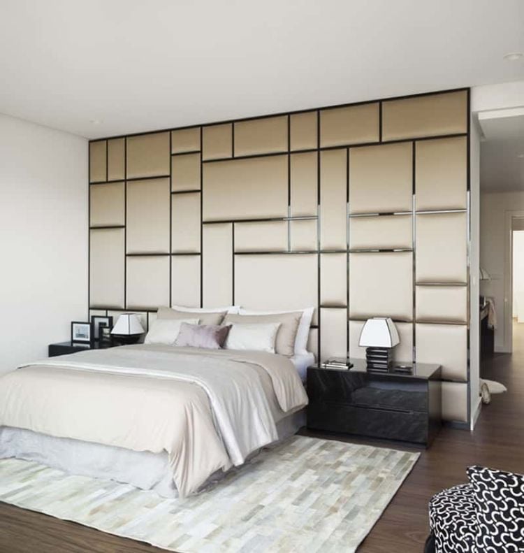 polsterwand im schlafzimmer wandpaneel bett rückenpolster wand rückenlehne polster design braun luxus modern gold