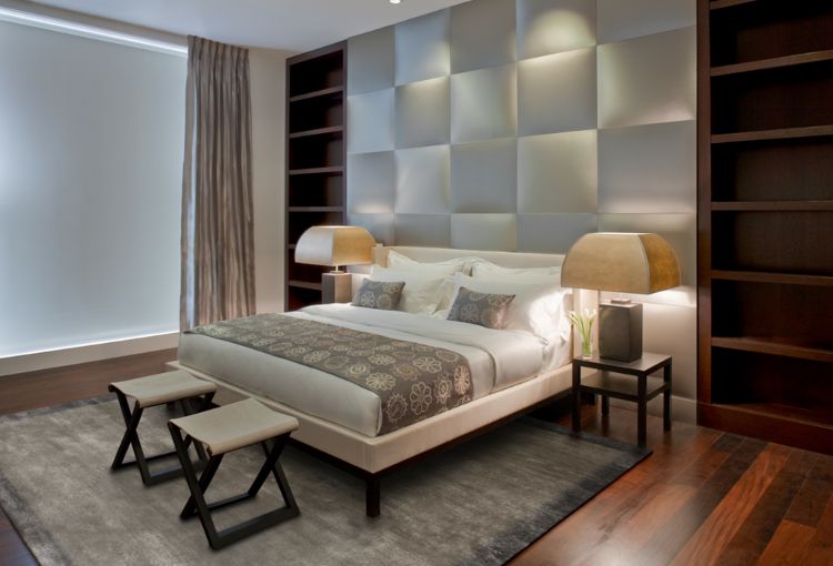 polsterwand im schlafzimmer wandpaneel bett rückenpolster wand rückenlehne polster design braun modern quadrate