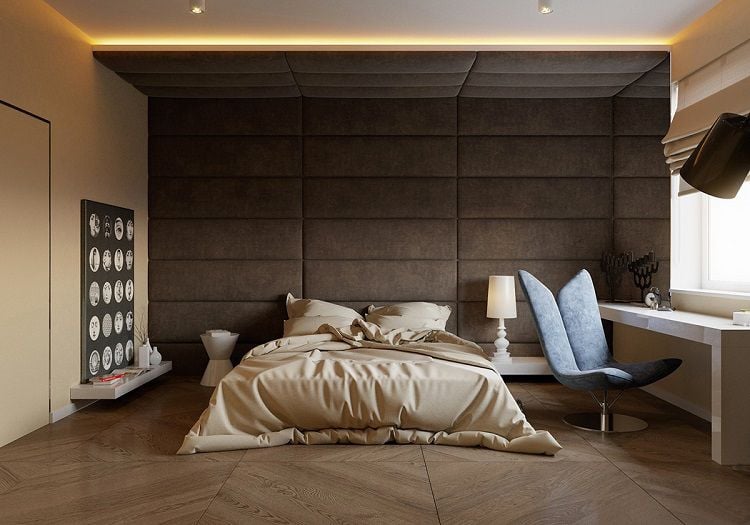 polsterwand im schlafzimmer wandpaneel bett rückenpolster wand rückenlehne polster design braun modern
