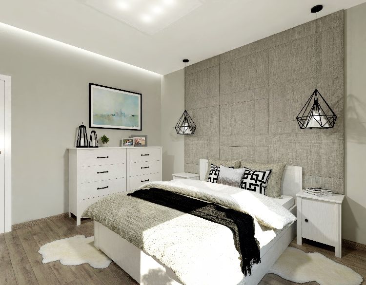 polsterwand im schlafzimmer wandpaneel bett rückenpolster wand rückenlehne polster design stoff gewebe pendelleuchte beige modern minimalistisch