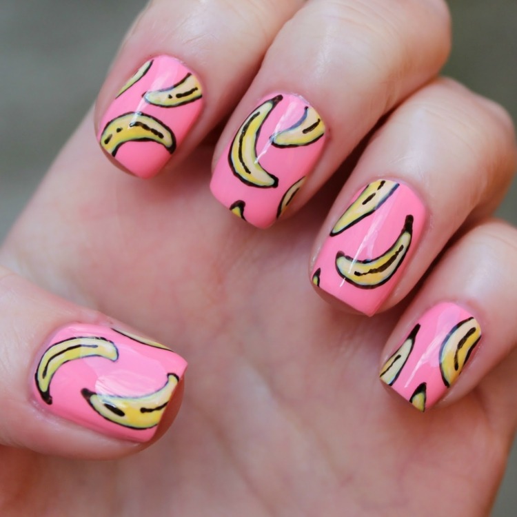 sommer nägel design kurz rosa bananen