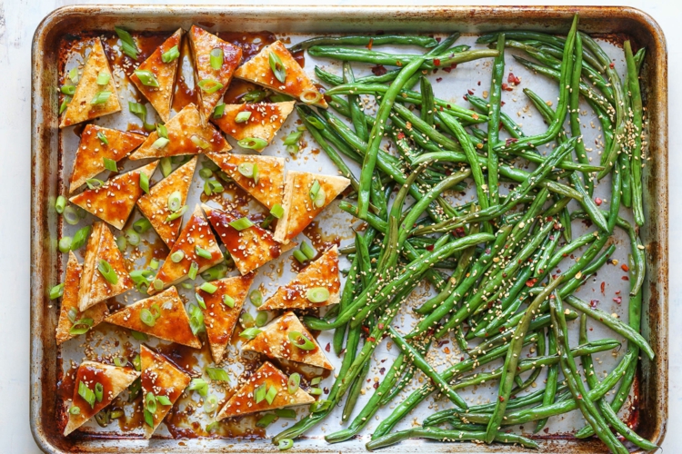 vegan backblech rezepte tofu grüne bohnen sesam honig