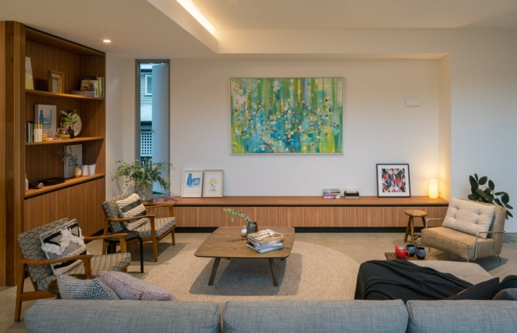 wohnzimmer neutrale farben holz graue couch auchenflower house