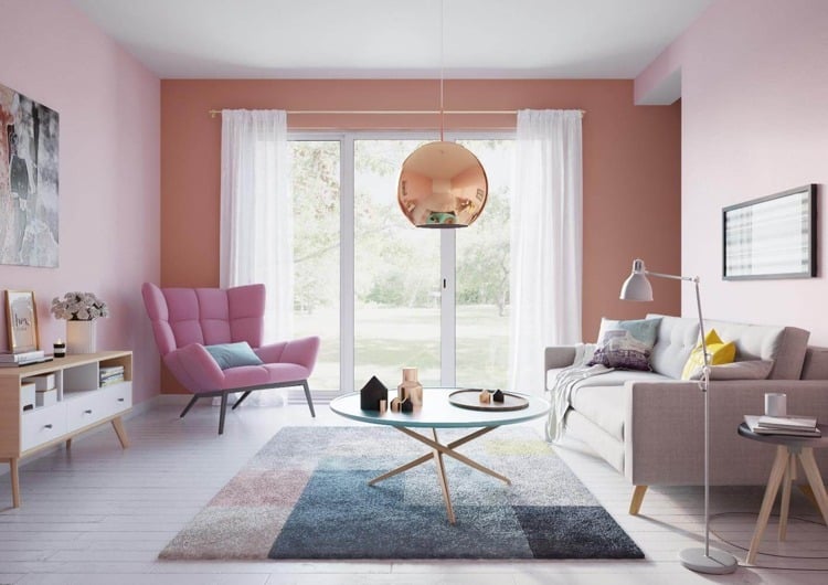 2 wände farbig streichen rosa stirnwand orange wohnzimmer modern
