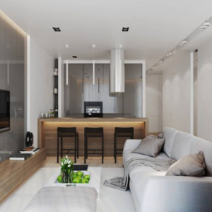 20 qm wohnzimmer einrichten modern grau holz sofa küche kücheninsel