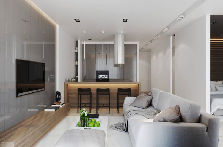 20 qm wohnzimmer einrichten modern grau holz sofa küche kücheninsel