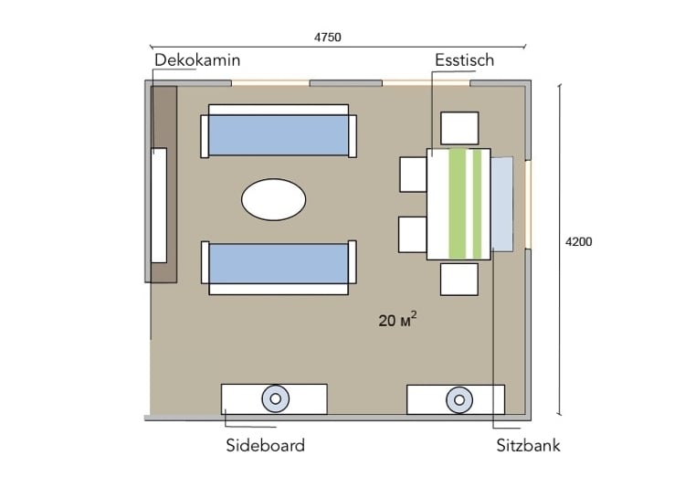 20 qm wohnzimmer einrichten quadratisch mit essbereich