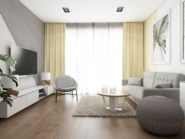 20 quadratmeter wohnzimmer graues sofa gelbe vorhänge flachbildfernseher wand