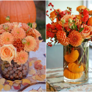 Herbstdeko Glasvase orange Dahlien Rosen Beerenzweige