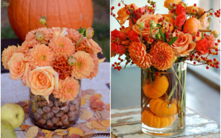 Herbstdeko Glasvase orange Dahlien Rosen Beerenzweige