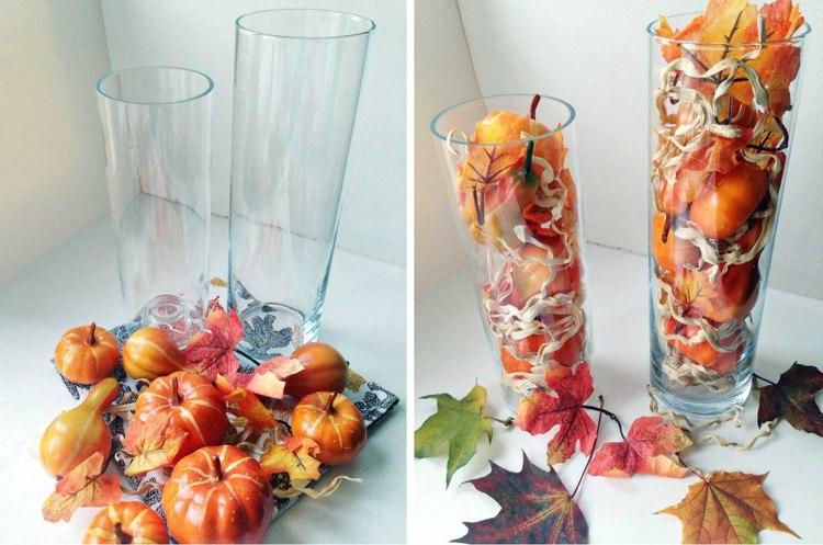 Herbstdeko im hohen Glas selber machen Kunststoff Kürbisse Bast