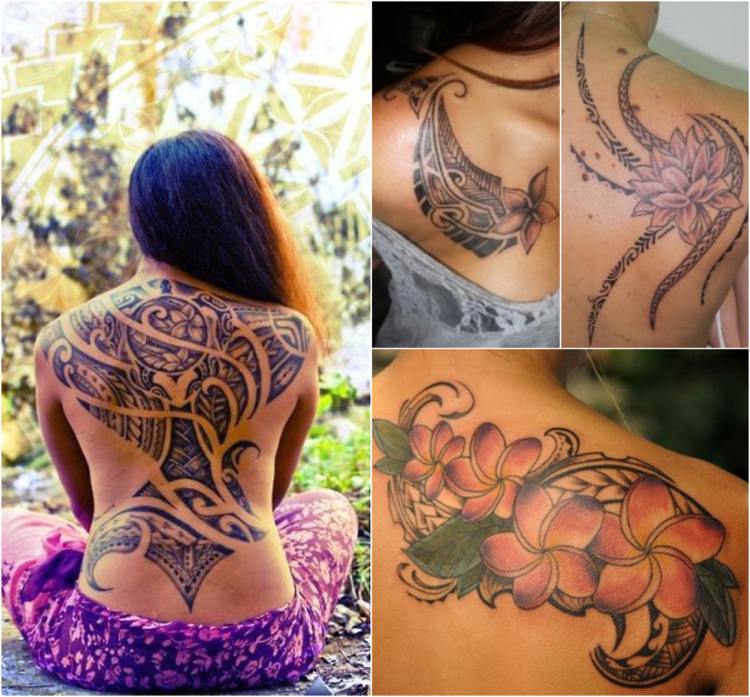 Maori Tattoos Polynesische Frauen Frangipani Rücken Schlüsselbein