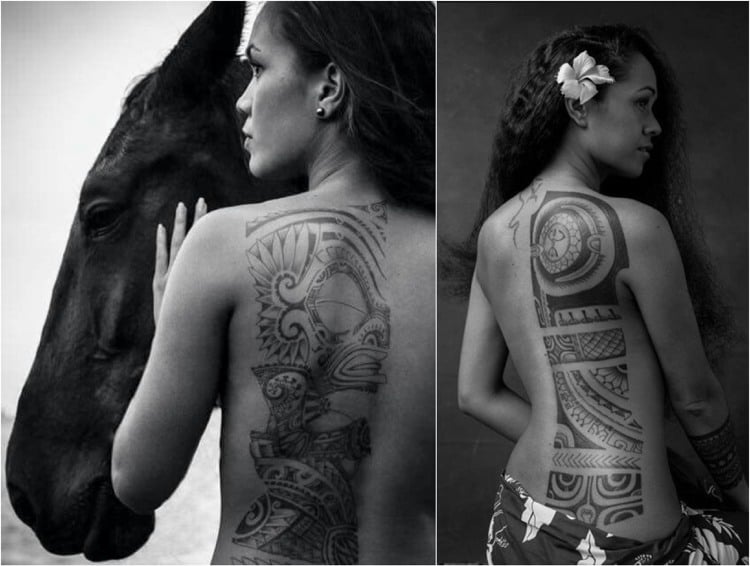 Maorie Tattoos Frauen Rücken Tiki Maske Gesicht