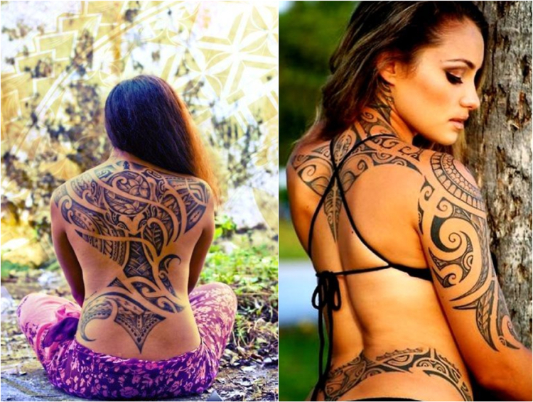 Maorie Tattoos Frauen Rücken groß Tribal Motive Taille