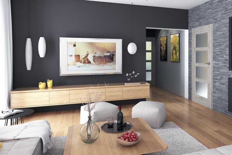 farbige wand grau streichen anthrazit wohnzimmer holzmöbel