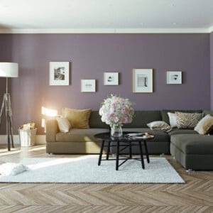 farbige wände fürs wohnzimmer violett gedämpft graues sofa
