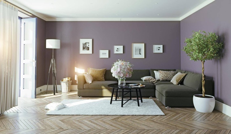 farbige wände fürs wohnzimmer violett gedämpft graues sofa