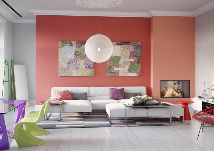 farbige wände modern orangetöne kaminwand xxl wandbilder hinter sofa