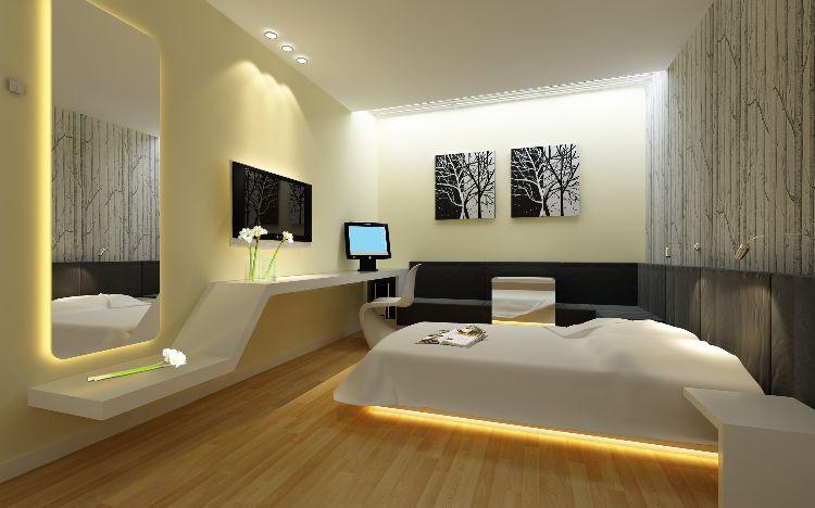 fernseher im schlafzimmer tv an die wand hängen design gestaltungsmöglichkeiten futuristisch beleuchtung