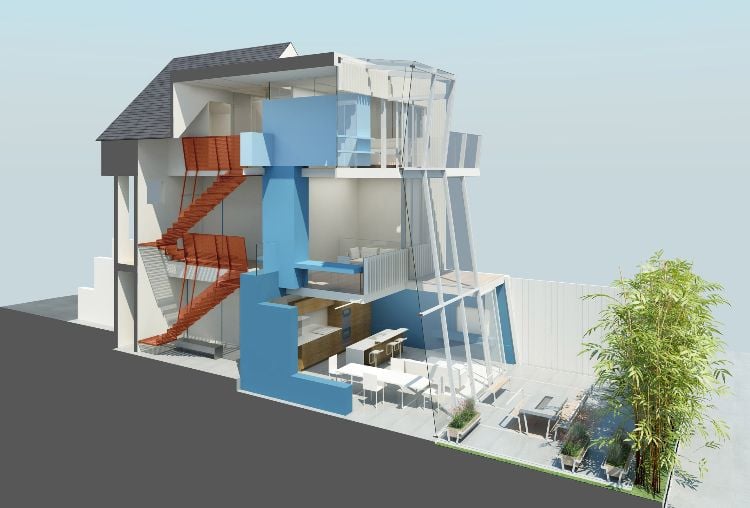 haus mit glasfront dreistöckig neubau grundriss 3d bild architekturprojekt plan