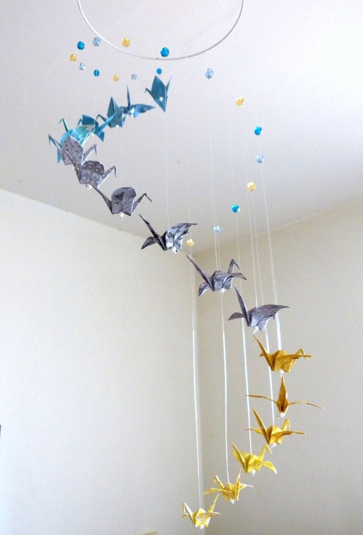 origami vogel mobile kraniche spiralförmig hängend