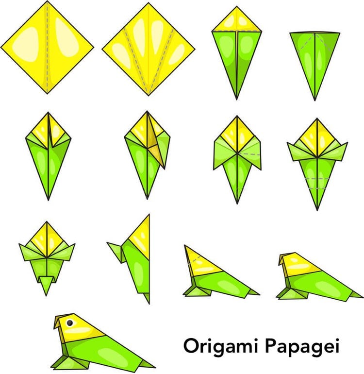 origami vogel papagei falten anleitung bilder