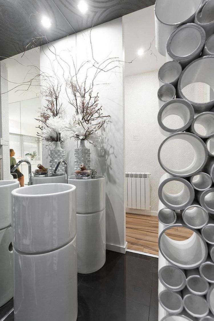 raumteiler ideen selber machen diy trennwand raumtrenner badezimmer kreise design waschbecken spiegel
