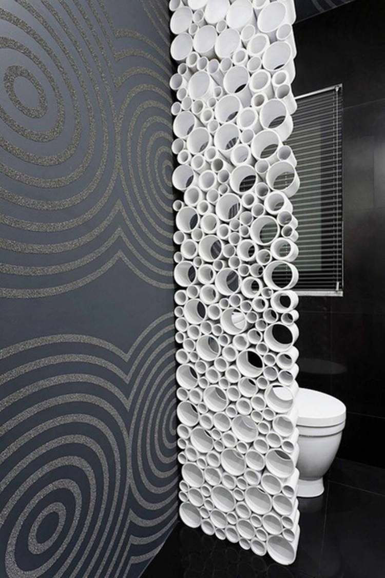raumteiler ideen selber machen diy trennwand raumtrenner toilette kreise design schwarz weiß