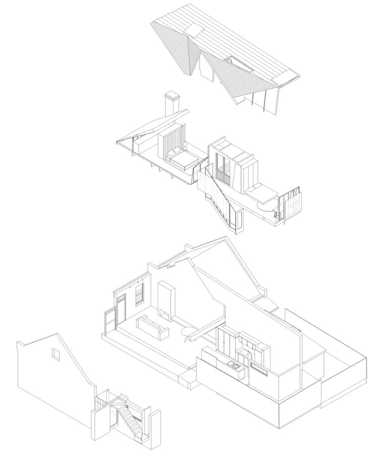 schmales haus design wiederaufbau architektur terrasse schlafzimmer wohnzimmer küche bad grundriss entwurf 3d plan