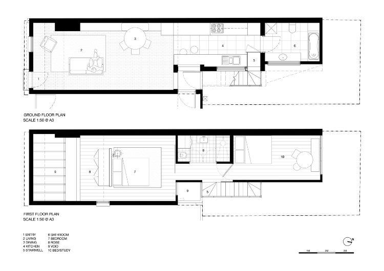 schmales haus design wiederaufbau architektur terrasse schlafzimmer wohnzimmer küche bad grundriss entwurf