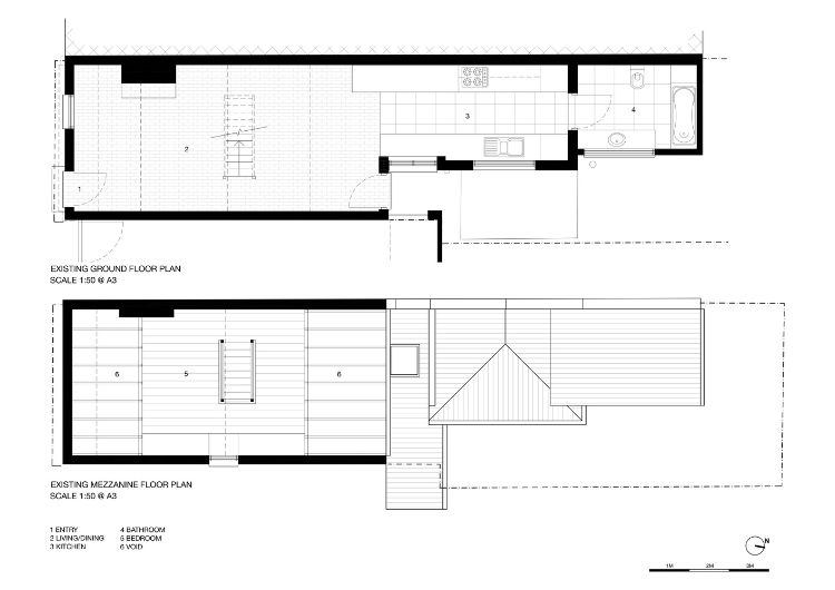 schmales haus design wiederaufbau architektur terrasse schlafzimmer wohnzimmer küche bad grundriss