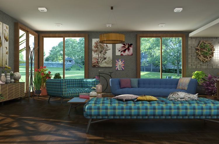 sofas verteilt im raum karriert retro stil garten ausblick