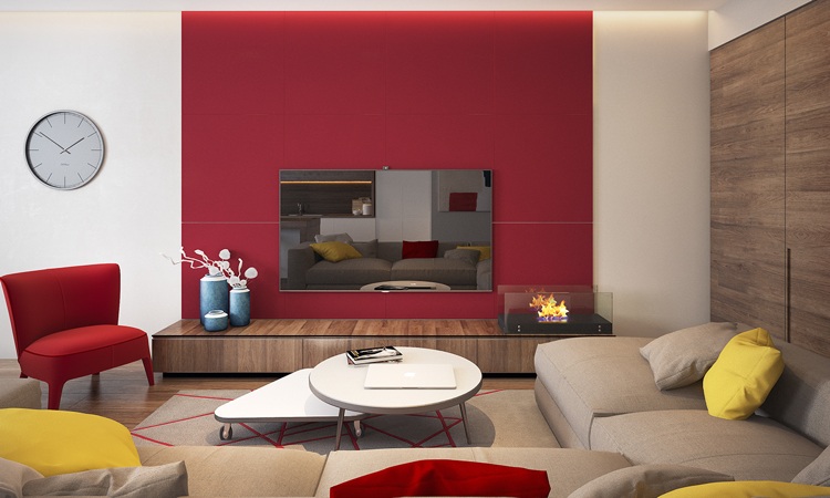Farbe Rot Feng Shui Wandfarbe Wohnzimmer hinter TV Taupe Ecksofa