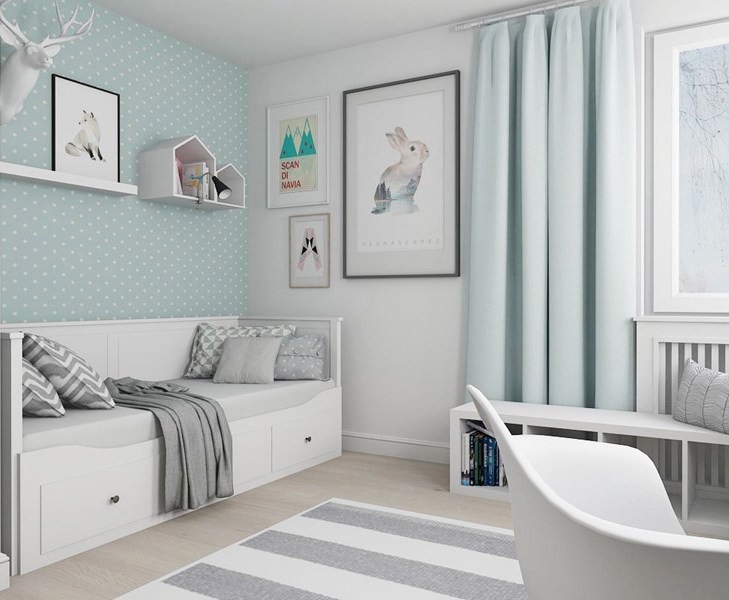 Kinderzimmer 9 qm Einzelbett mit Schubladen Mintgrün Weiß Grau Farben